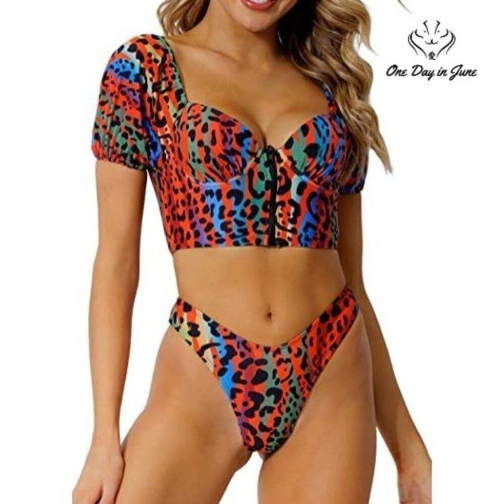 Peddney High Cut Zip Front Bikini Swimsuit Size M